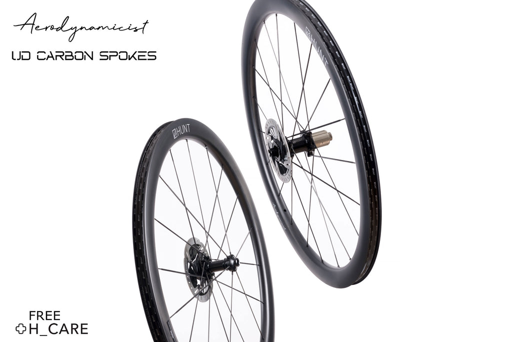 The HUNT 44 UD Carbon Spoke Disc Wheelset alongside the key features of the wheels: Aerodynamicist Rim Design, UD Carbon Spokes and Free H_Care lifetime crash replacement