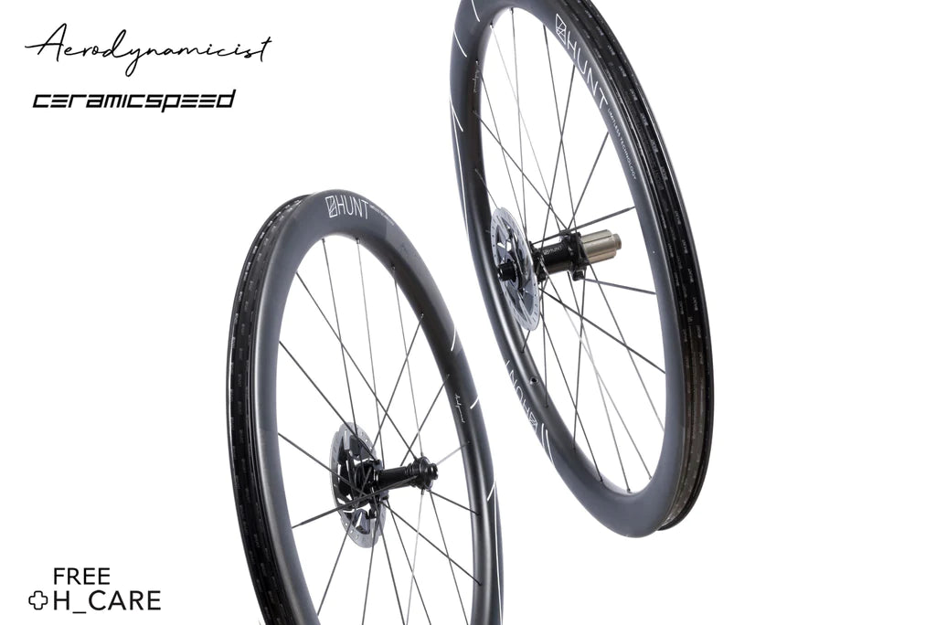 Image of the HUNT 48 Limitless UD Carbon Spoke Disc wheelset, including the features that come with the wheels, such as Aeroynamicist rim design, CeramicSpeed bearings, and H_Care Lifetime Crash Replacement