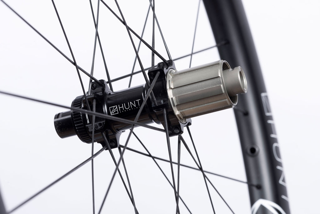 Detailed image of the hub on the HUNT 48 Limitless Aero Disc rear wheel