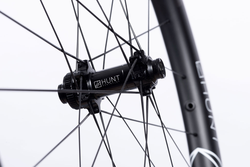 Up close image of the front hub of the HUNT 60 Limitless Aero Disc Wheelset