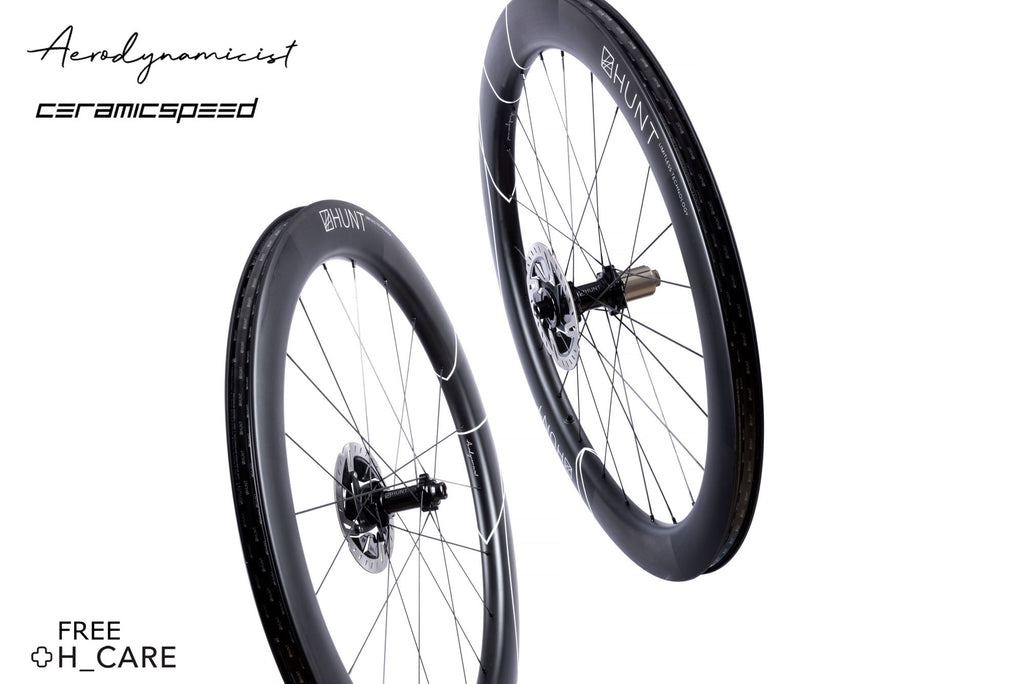 Hunt 60 Limitless Aero Disc Wheelset showing some of the features included, such as Aerodynamicist rim design, CeramicSpeed bearings and free H_Care lifetime crash replacement