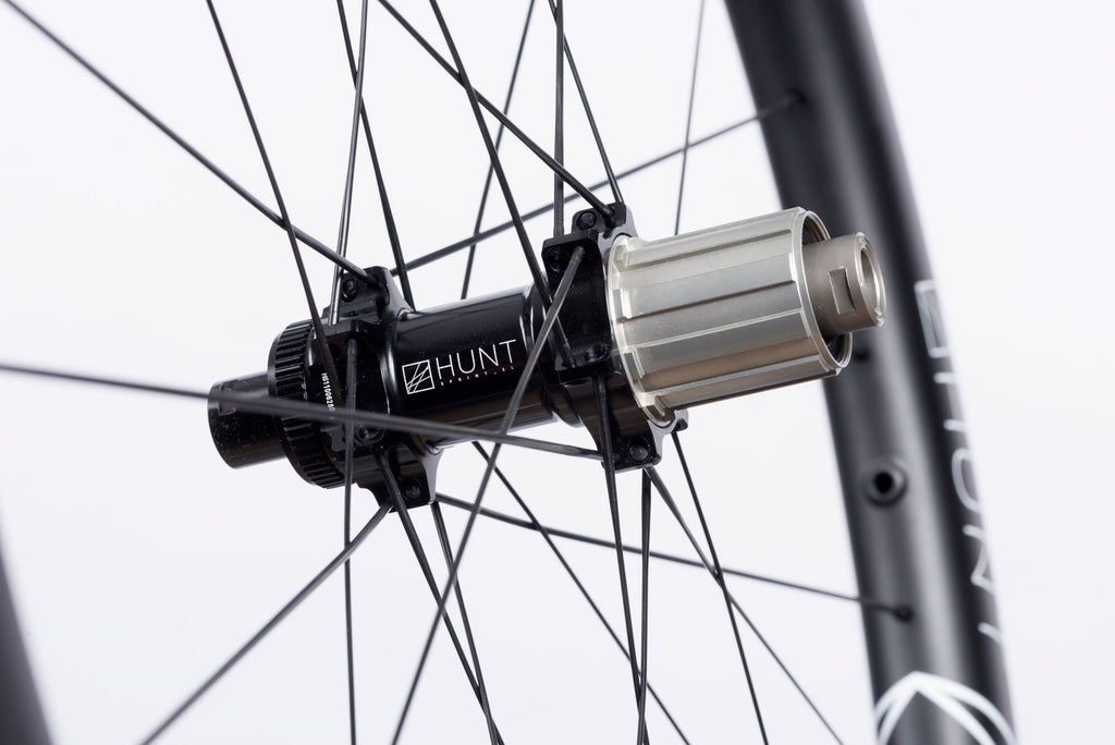 Up close image of the rear hub of the HUNT 60 Limitless Aero Disc Wheelset