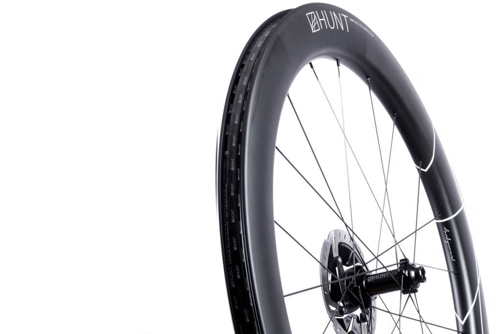 Detailed image of the front HUNT 60 Limitless Aero Disc wheel, showing the attention to detail in the design