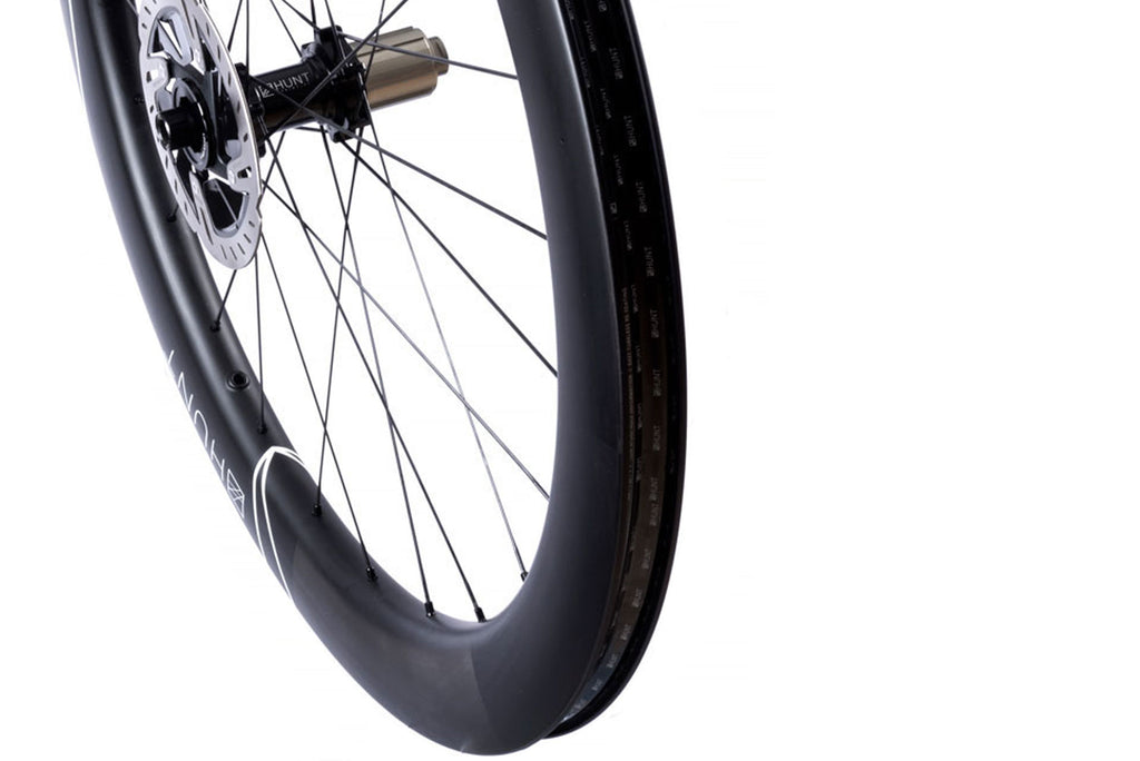 Detailed image of the rear HUNT 60 Limitless Aero Disc wheel, showing the attention to detail in the design