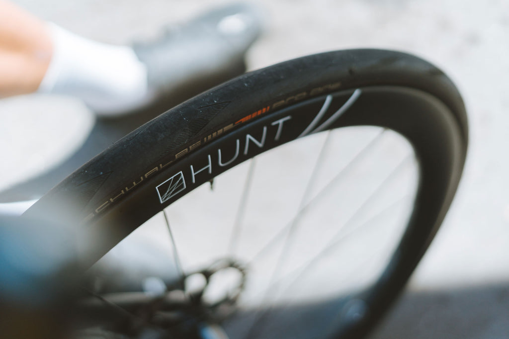 The HUNT 48 Limitless UD Carbon Spoke Disc wheelset combining with Schwalbe Pro One Tubeless Tyres, providing a perfect combination of control and aerodynamic performance