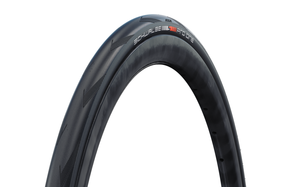 Black Schwalbe Pro One bicycle tire on a white background