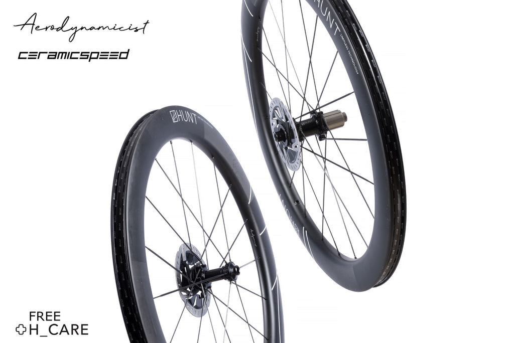 Image of the HUNT 60 Limitless UD Carbon Spoke Disc Wheelset as well as the features included with the wheels, such as Aerodynamicist rim design, CeramicSpeed bearings, and H_Care Lifetime Crash Replacement