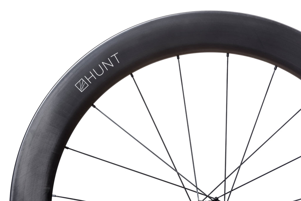 The spokes and rim of the HUNT 65 Carbon Aero Disc Wheelset